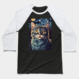 Cute Black Cat Painting in a Van Gogh Starry Night Art Style Baseball T-Shirt